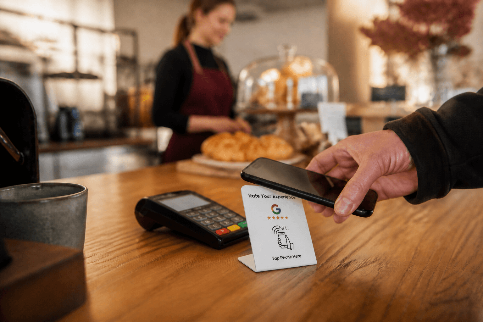 A customer tapping a phone on an NFC review stand beside a café card terminal